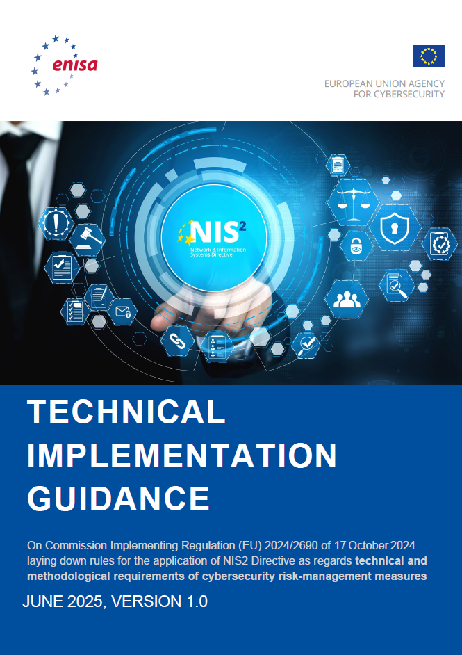 Cover of the publication titled “NIS 2 Implementation Guidance,” featuring hand icons related to cybersecurity and the NIS 2 logo in the centre, with “June 2025” noted at the bottom.