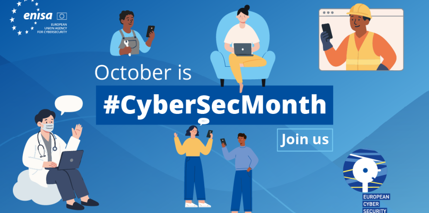 A promotional graphic for European Cyber Security Month (October) by ENISA. The image features cartoon illustrations of diverse people using technology.