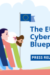 Illustration of four people in business attire at a starting line, symbolising readiness, with the EU flag ahead. Text reads: "The EU Cybersecurity Blueprint – Press Release." ENISA and EU logos are displayed.