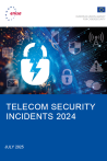 ENISA report cover: "Telecom Security Incidents 2024", published July 2025, with cybersecurity-themed imagery.